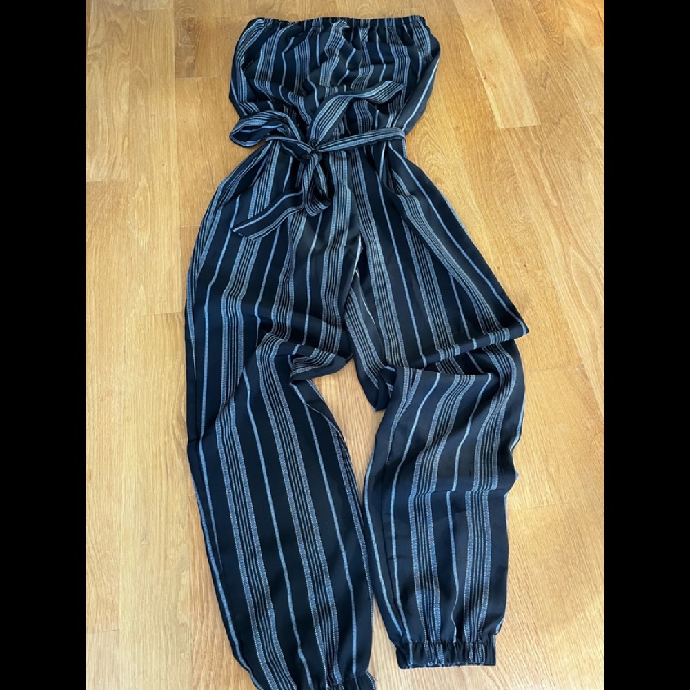 Black  and white pinstripe jumpsuit